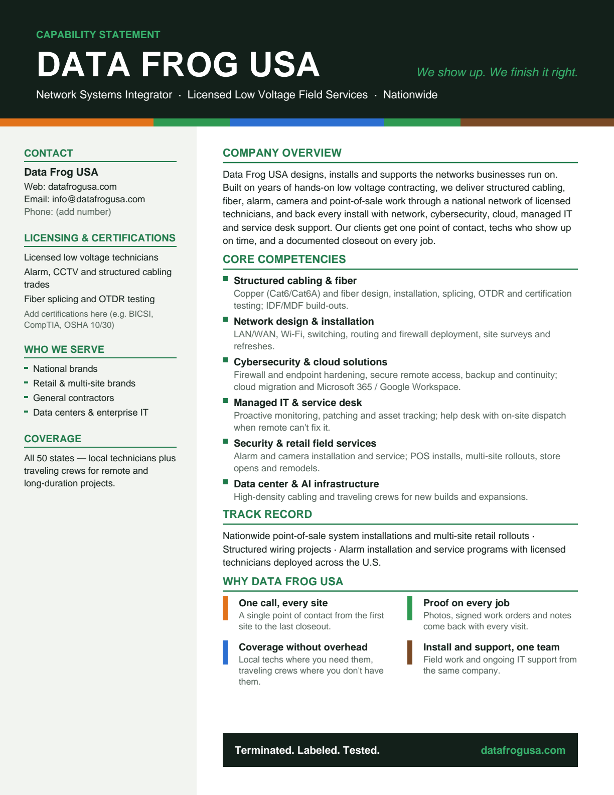 Data Frog USA capability statement: company overview, core competencies, track record, why Data Frog USA, and contact information.